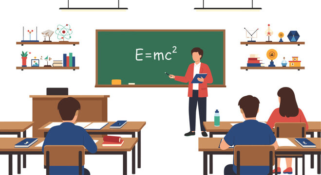Classroom environment with a teacher pointing at a physics formula on a blackboard while students take notes at their desks.