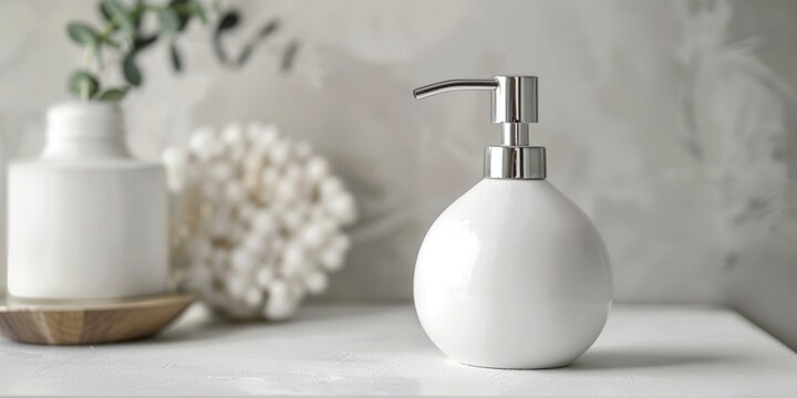 Minimalist Bathroom Scene with White Soap Dispenser and Serene Decor