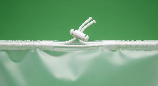 Drawstring bag detail against green background with white cord lock.