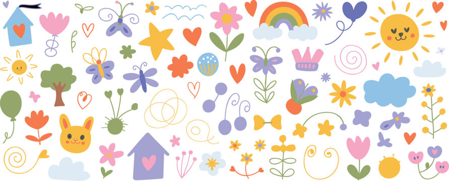 Collection of playful handdrawn elements including flowers butterflies sun rainbow and houses on a white background