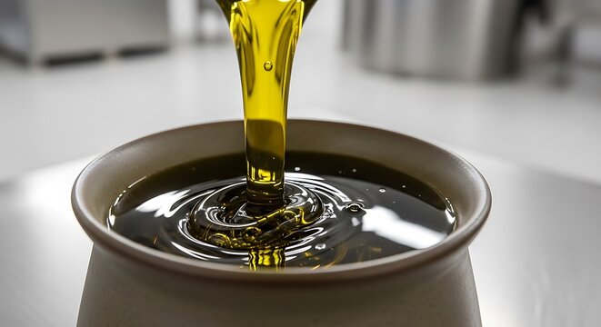 A glistening stream of golden, viscous liquid gracefully pours into a deep, dark pool contained within a textured ceramic vessel, showcasing fluidity and rich density in a culinary setting