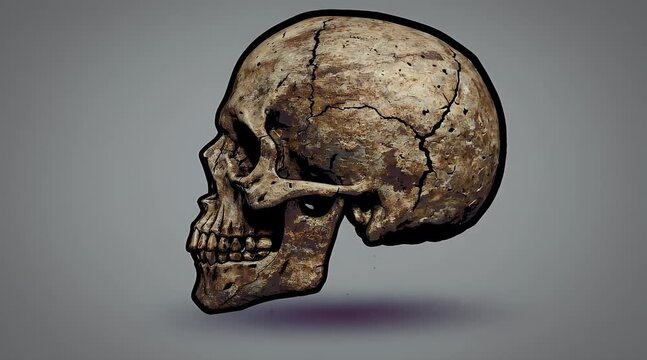 Detailed close-up of a realistic human skull on gray background