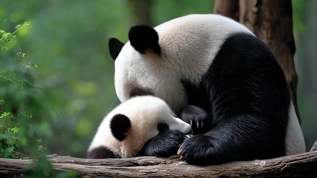 Giant panda mother and baby cub cuddling in nature