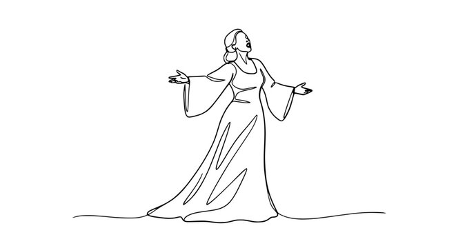 Elegant woman in flowing dress, singing or performing, continuous line art drawing