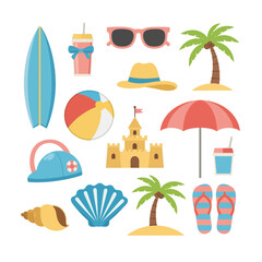 Obraz premium Summer Beach Vacation Objects Icons Set