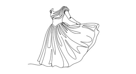 Fototapeta premium Elegant one-line drawing of a flowing ball gown with draped bodice on white background