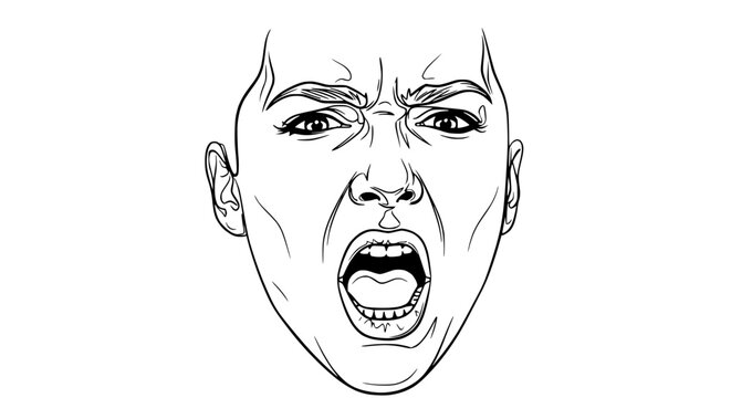 Close-up of a woman's face screaming with anger and frustration, black and white line art.