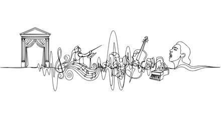 Abstract Music Wave with Orchestra, Singer, and Piano - Continuous Line Art © Ipung