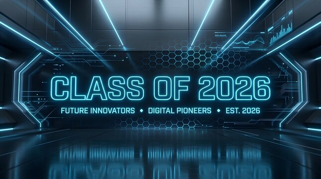 Futuristic Blue Neon Class of 2026 Graduation Technology Poster