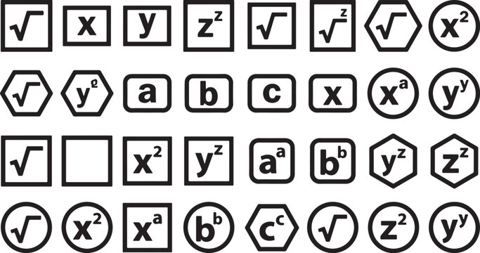 Mathematics icon set featuring algebraic variables and square root symbols in geometric shapes, algebra, education, science, calculus, formulas
