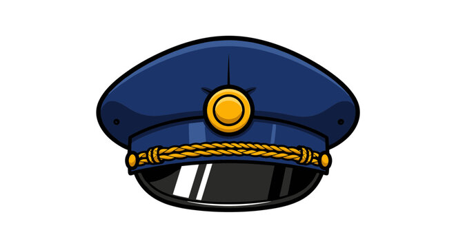 Police hat, cartoon police cap, law enforcement hat, navy blue uniform hat, vector police badge isolated on White Background