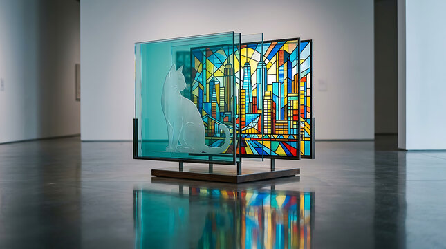 Modern art sculpture composed of translucent, colored glass panels forming