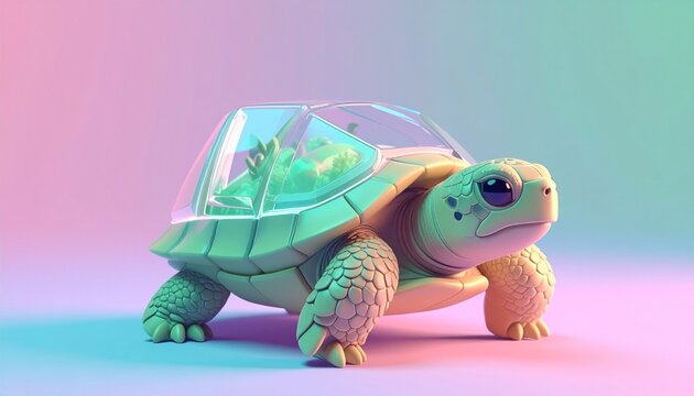 Whimsical turtle with a transparent, futuristic shell against a soft pastel gradient background.