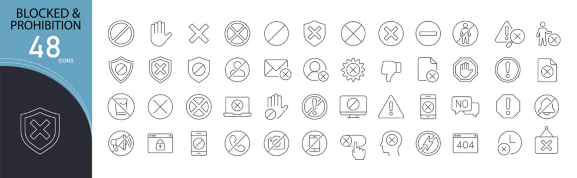 Blocked and prohibition icons set representing restriction, ban, denied access, warning, forbidden actions, limitation, no entry and compliance control. Editable Stroke.