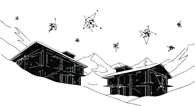 Futuristic mountain cabins with drones flying overhead in a stark, artistic landscape.
