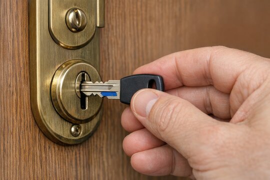 A person holds a key to unlock a wooden door, perfect for use in scenes where access is denied or granted