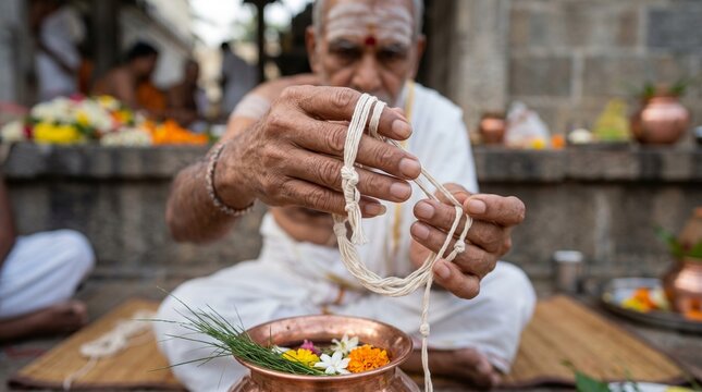 Hands Performing Sacred Mudra and Holding Yagnopavitam Thread During Avani Avittam Ritual with Sacred Vibhuti Ash on Forehead Background