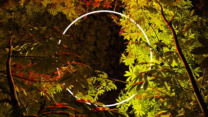 Light circle appears in the center, surrounded by green and orange leaves. scene captures the forest environment with dim lighting during the evening. 3d render © angel_nt