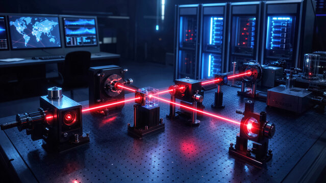 Secure quantum communication setup with glowing laser paths and optical encoders for advanced cybersecurity
