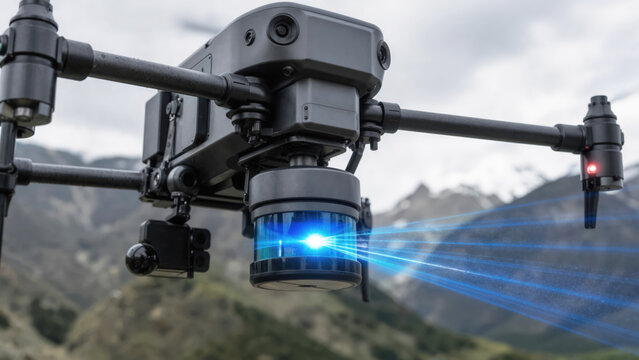 A professional drone equipped with a glowing glass lidar sensor scanning the environment outdoors
