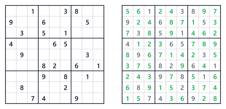 Sudoku logic puzzle solution page with expert level numbers. Sudoku classics  