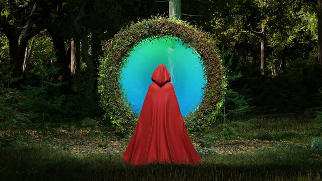 Woman wears a red cloak and faces a bright, glowing portal surrounded by trees in a dark forest. atmosphere feels mysterious as night falls around them. 3d render