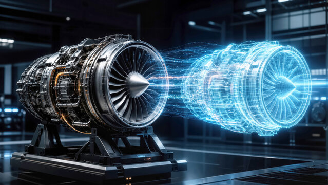 Mechanical engine core with glowing particles flowing into floating digital twin version for synchronization