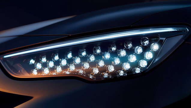 Modern luxury car diamond LED matrix headlight closeup with crystal facet detail and DRL light bar on dark background automotive lighting design concept, editorial B2B automotive with copy space