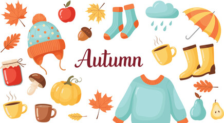 Cute Autumn Seasonal Vector Illustration Set Featuring Maple Leaves Pumpkin Sweater Umbrella And Cozy Hot Drinks For Thanksgiving © Lipi
