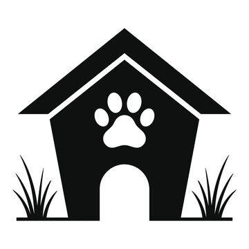 Dog house with paw print and grass isolated on white background icon