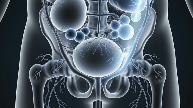 Detailed Anatomical Illustration of the Human Urinary System with Translucent Visual Effects Featuring Organs Against a Dark Background