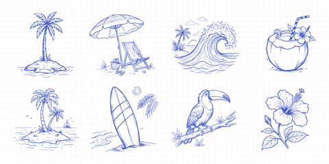 Hand Drawn Summer Vacation Doodle Set, Blue Ink Tropical Beach and Ocean Sketches on Grid Paper © FAISAL CREATES