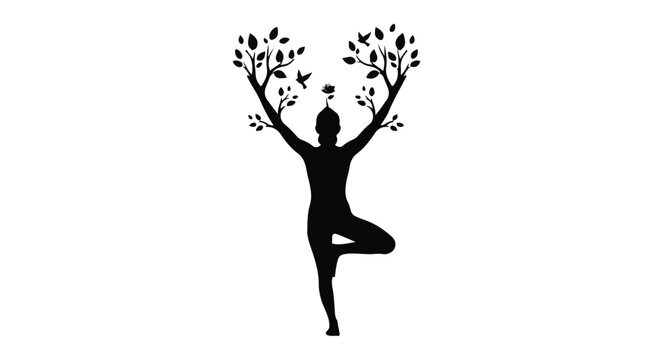 Silhouette of a person in tree pose, symbolizing growth and nature's connection