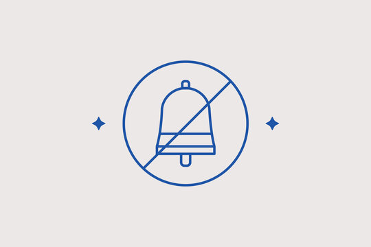 Crossed out ringing alarm bell line icon for quiet reading room code of conduct signs. Vector illustration for mobile phone silent profile settings widget overlays.