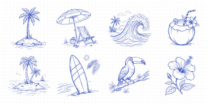 Hand Drawn Summer Vacation Doodle Set, Blue Ink Tropical Beach and Ocean Sketches on Grid Paper