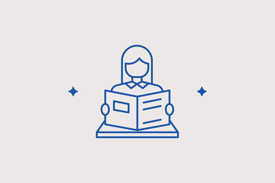 Female student reading open textbook line icon for high school self study guides. Vector illustration for virtual education community forum user avatar profile cards.