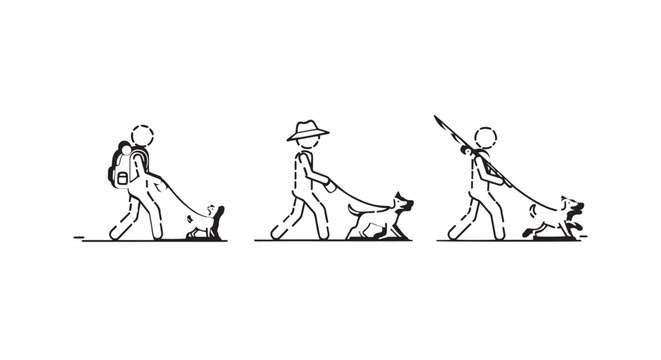 Illustration of People Walking Dogs on Leashes Together.