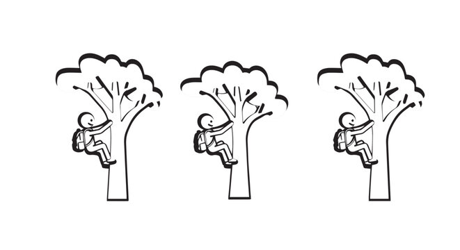 Playful cartoon monkeys climbing different trees illustration.