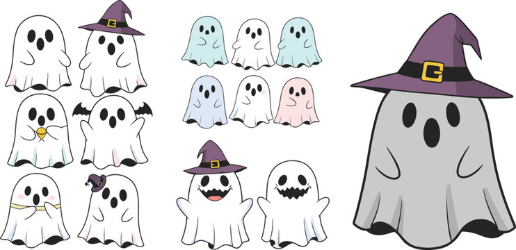 Cute Halloween Ghost Cartoon Character Vector Set Featuring Spooky Spirits Wearing Purple Witch Hats for Autumn Holiday Celebration Designs