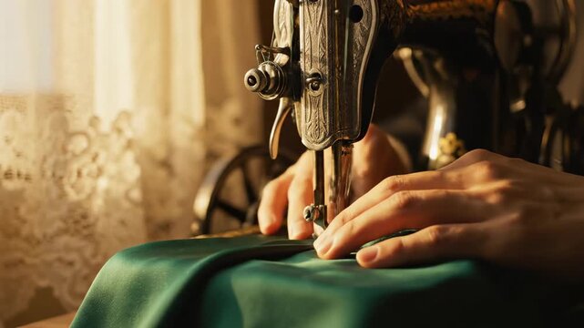 Female tailor with light skin using vintage sewing machine to stitch green fabric, illuminated by soft sunlight streaming through lace curtains in a cozy workspace