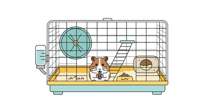 Cute Hamster in Cage with Wheel and House