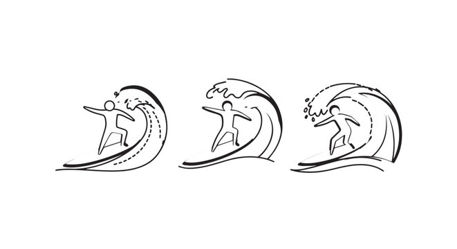 Illustrated sequence of a surfer riding stylized waves.