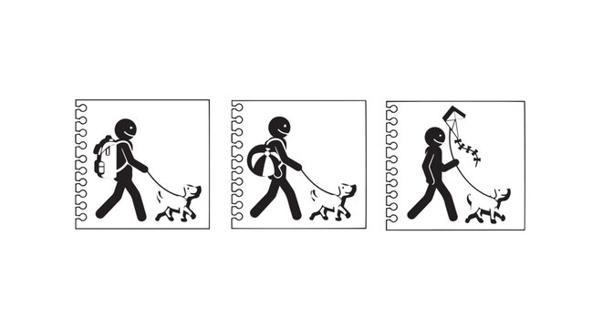 Silhouette series of person walking dogs on leashes.