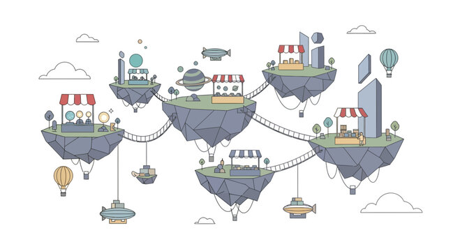 Fantasy Floating Islands Cityscape with Airships and Submarines