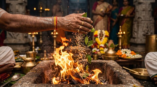 Close up of priest hand offering sacred grains and Bilva leaves into the ritual fire during Shravana Masam Durga Homa ceremony in Hindu temple