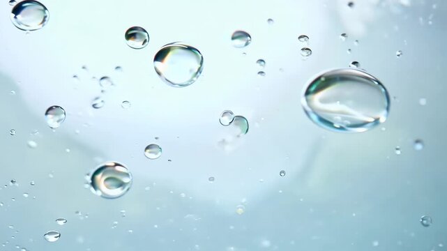 Water droplets rising and floating in clear liquid, creating a mesmerizing visual effect against a soft blue background with light reflections