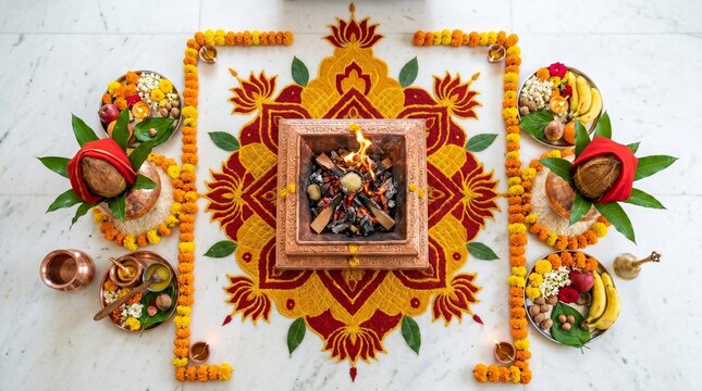High-angle view of a symmetrical Durga Homa ritual setup with a copper fire pit and glowing embers during the auspicious Shravana Masam month.