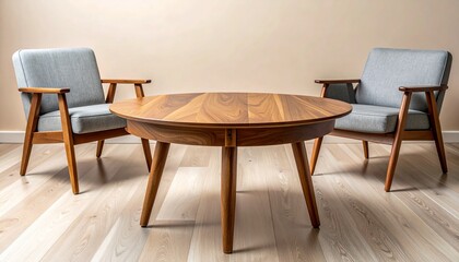 Fototapeta premium Mid-century modern living room setup with two armchairs and a round wooden coffee table
