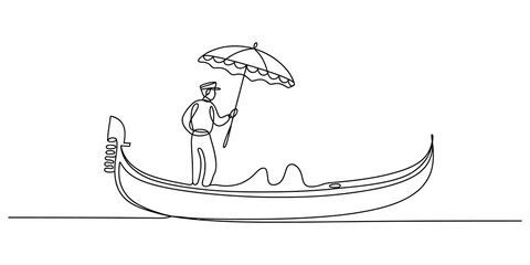 continuous one line drawing Gondolier with Umbrella on Gondola, Venice Canal Minimalist Line Art Vector © Graphics Art