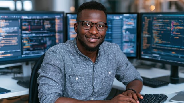 Programmer's Triumph: A smiling Black man wearing glasses and a collared shirt sits at a desk with multiple monitors displaying code, a testament to his successful work in software development.